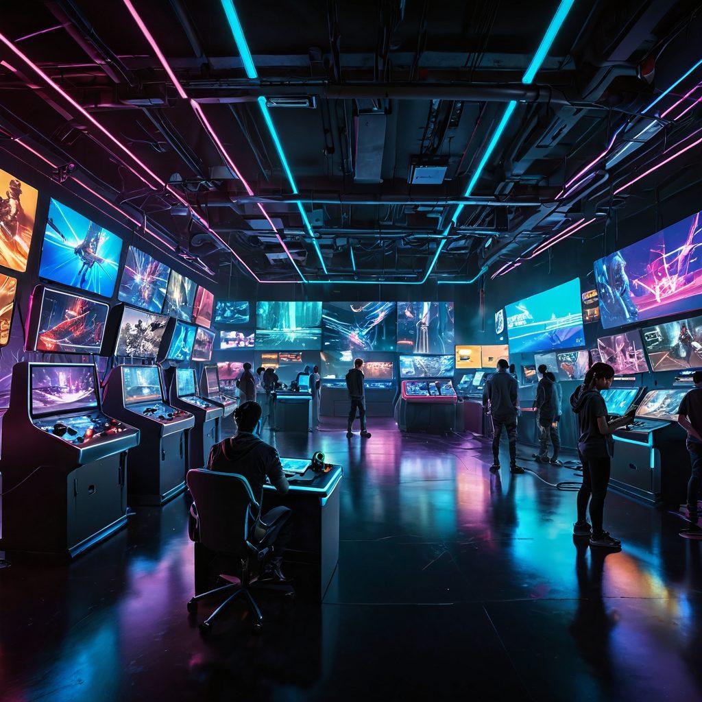 A futuristic landscape showcasing a vibrant gaming world filled with a variety of emulators and virtual reality elements, including holographic screens displaying classic games, glowing circuit patterns, and a diverse group of gamers interacting with advanced tech. Emphasize a sense of excitement and innovation, blending reality with digital elements. cyberpunk. vibrant colors. super-realistic.