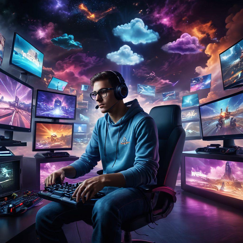 A dynamic montage showcasing a gamer transitioning from playing on an old console to utilizing modern cloud gaming technology. Include futuristic graphics that represent virtualization tools, with elements like vibrant game environments emerging from screens. Add a visual burst of technology and fun, depicting gaming evolution and innovation. super-realistic. vibrant colors. futuristic atmosphere.