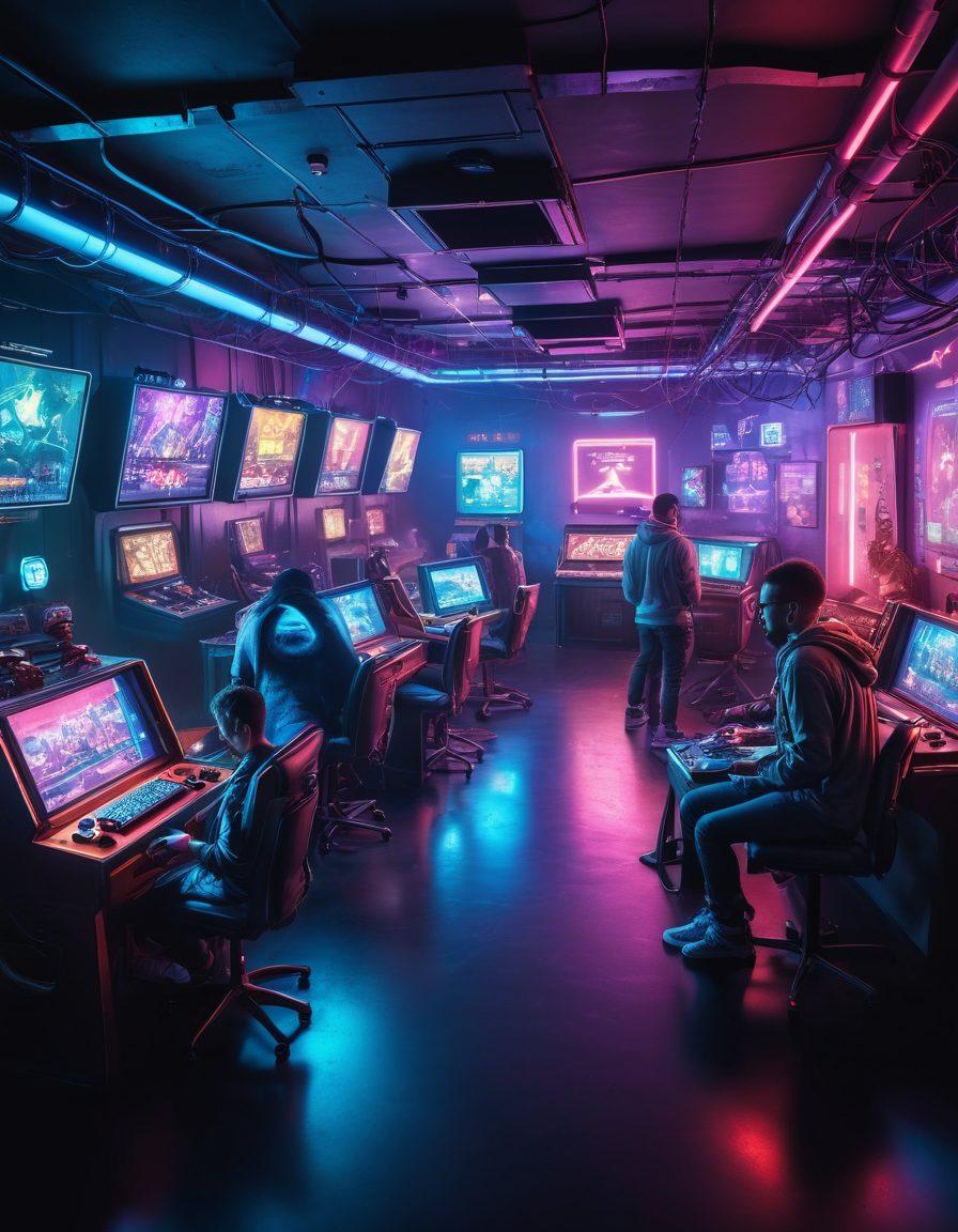 A visually captivating scene depicting a diverse group of gamers immersed in various gaming consoles and devices, with retro gaming visuals in the background. Include icons representing different gaming platforms, and vibrant glowing connections symbolizing emulation technology. The environment should embody a futuristic gaming lounge vibe, complete with neon lights and a dynamic atmosphere. super-realistic. vivid colors. cyberpunk.